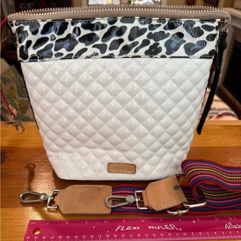 Consuela White Quilted Crossbody Bag with Black & White Animal Trim